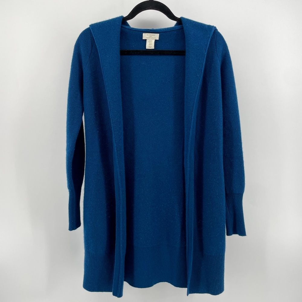 St. Tropez West Womens Cardigan Sweater Blue Teal 100% 2-Ply Cashmere Hood XS